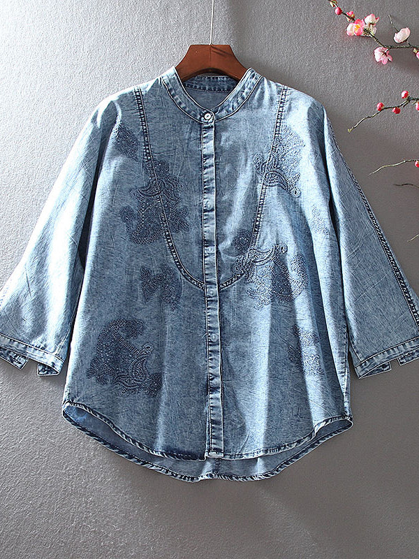 Vintage Oversized Embroidered Stand Collar 3/4 Sleeve Denim Shirt