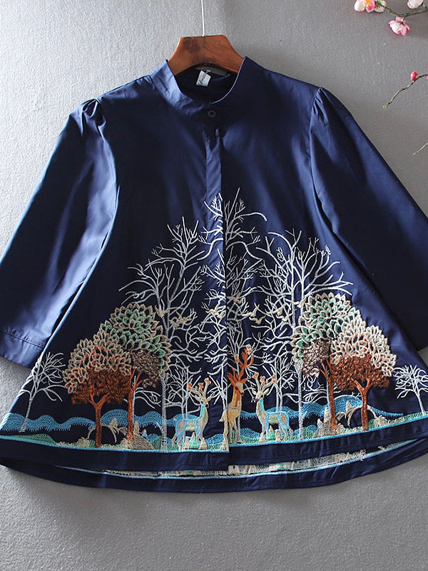 Trendy Embroidered Deer Shirt Top