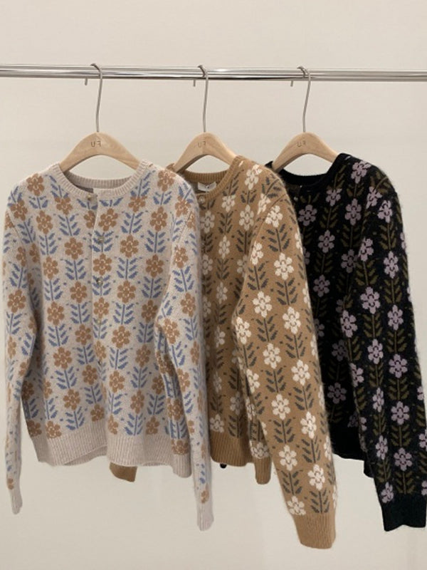 Floral Round Neck Long Sleeve Loose Sweater Cardigan