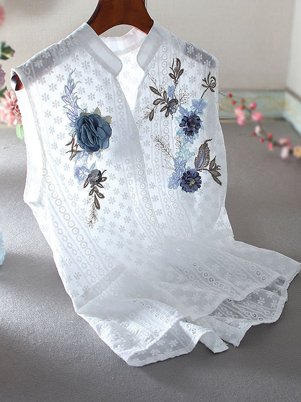 Fashion Embroidered Sleeveless V Neck Cotton Shirt Top