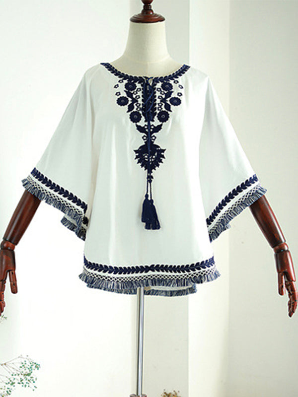 Fashion Loose Plus Size Cape Cape Embroidered Shirt Top