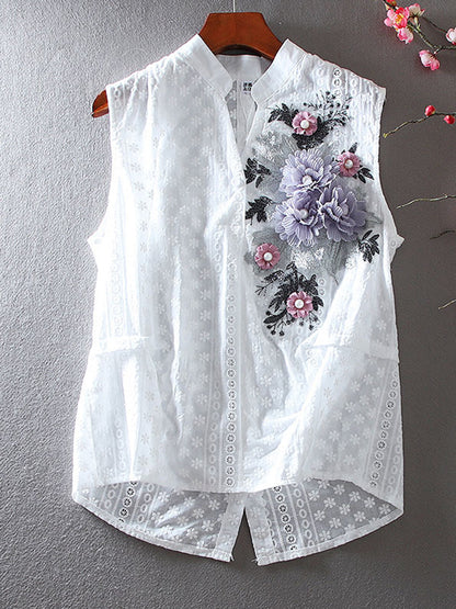 Fashion V Neck Cotton Beaded Sleeveless Shirt Top