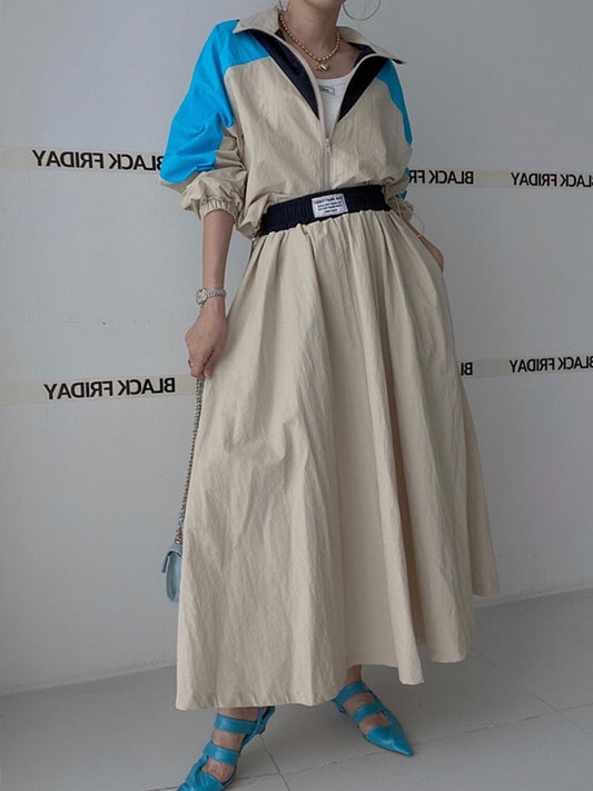 Stand Collar Color Contrast Stitching Patch Short Coat + High Waist Long Skirt Suit