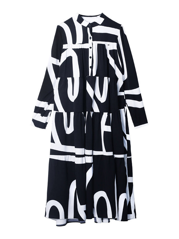 Loose Stand Collar Printed A-Line Midi Dress