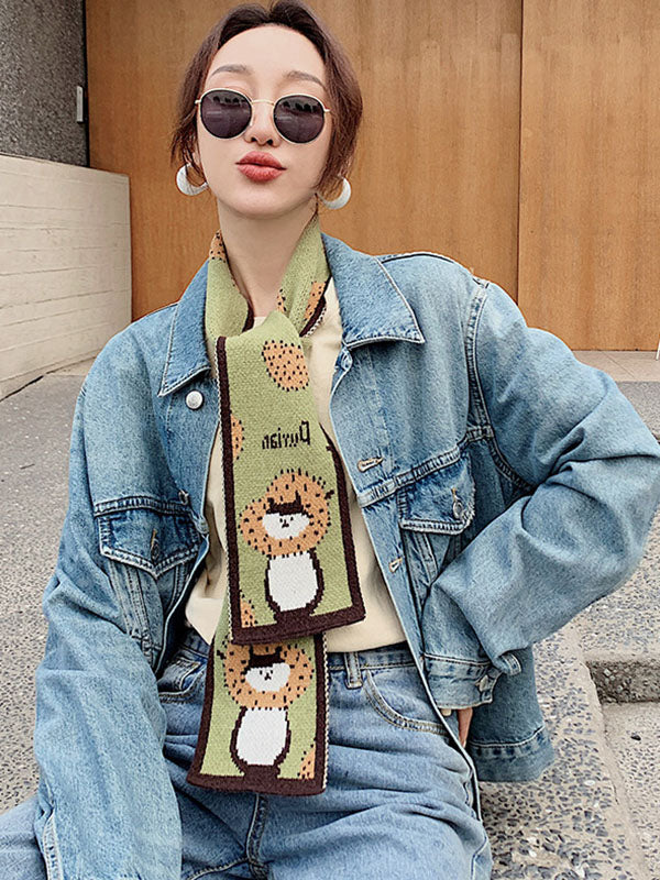 Original Christmas&Cartoon Print Contrast Color Knitting Scarf