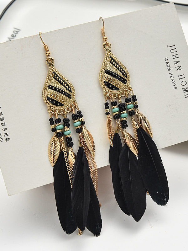 National Original Feather Tassels Beads 6 Colors Earrings