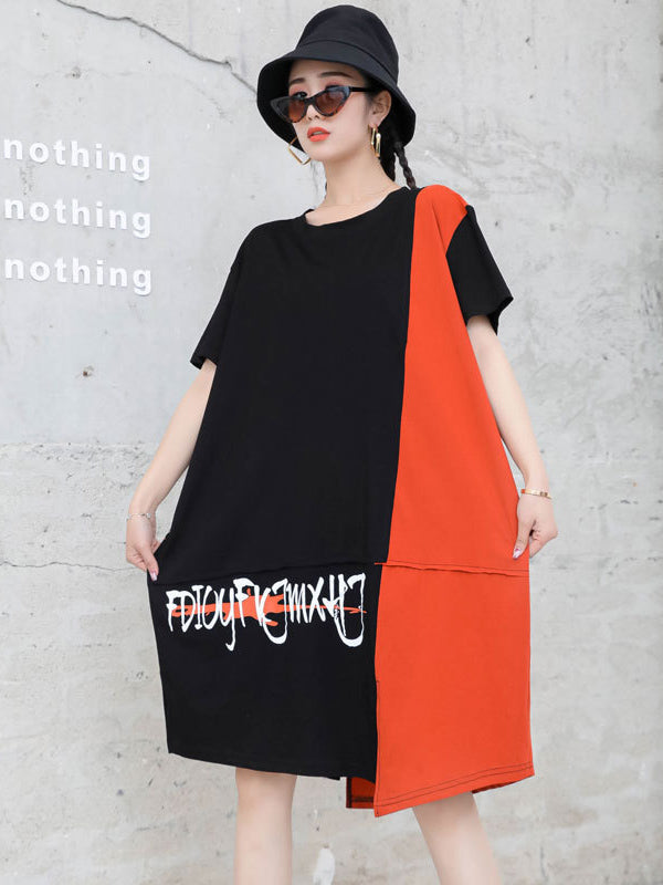 Original Contrast Colors Irregular Splicing Loose Dress