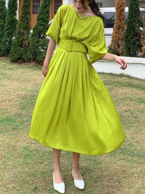 Urban Pleated With Waistband Batwing Sleeves Dresses