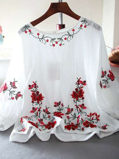 Loose Round Neck Pullover Embroidered Half Sleeve Shirt Blouse