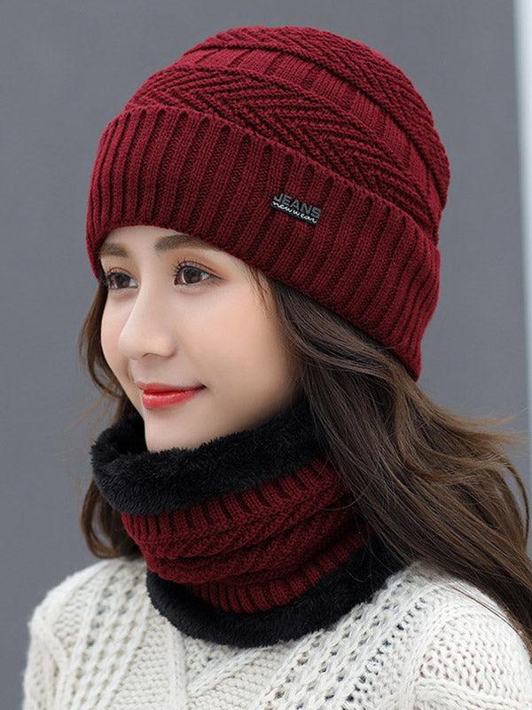 Winter Knitting Solid Color Keep Warm Scarf&Hat Two Pieces Set