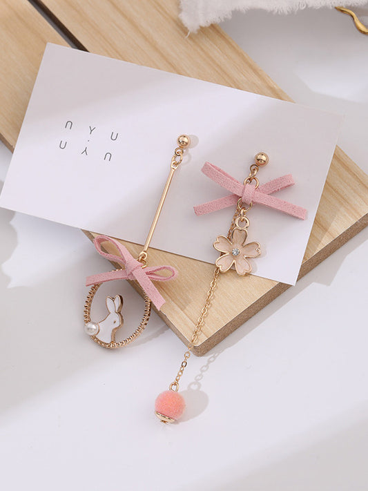 Cute Flower Rabbit Shape Bow-Embellished Asymmetric Earrings