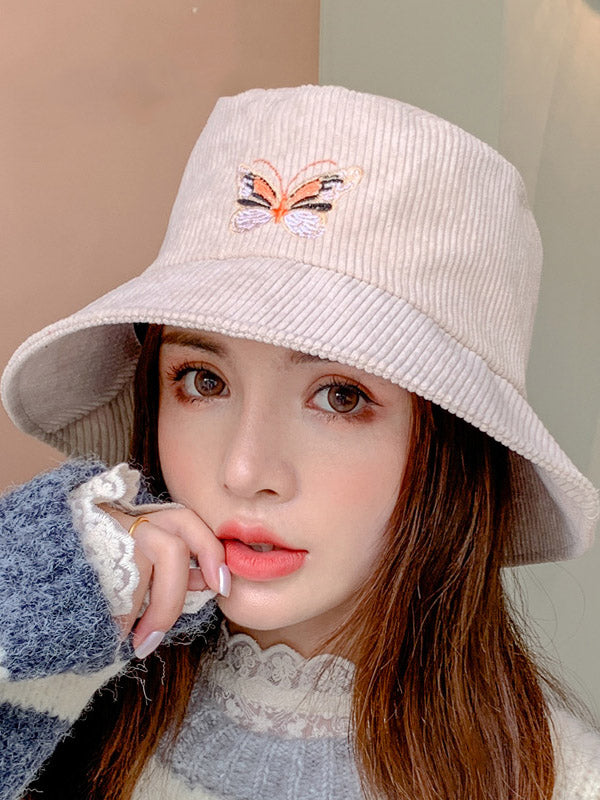 Corduroy Butterfly Embroidery Sun Protection Fisherman Hat