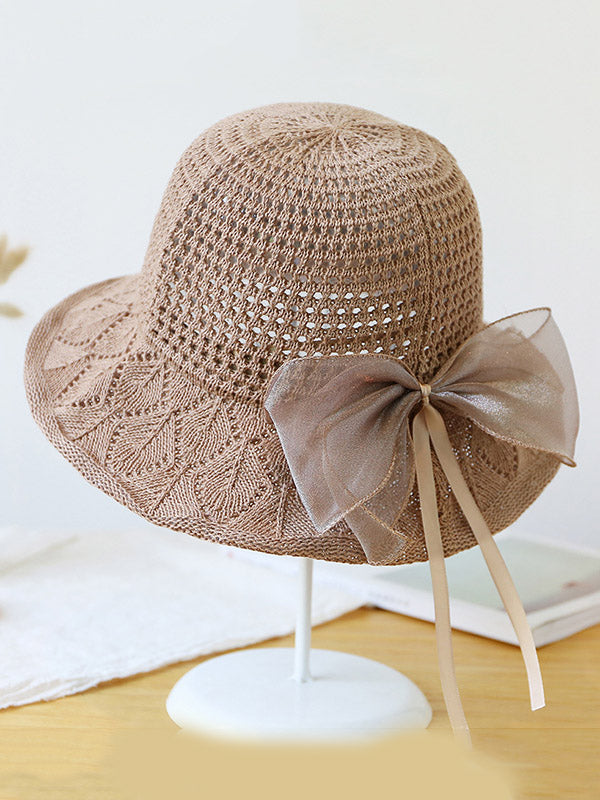 Stylish Knitting Bow-Embellished Sun-Protection Large Wide Brim Hat