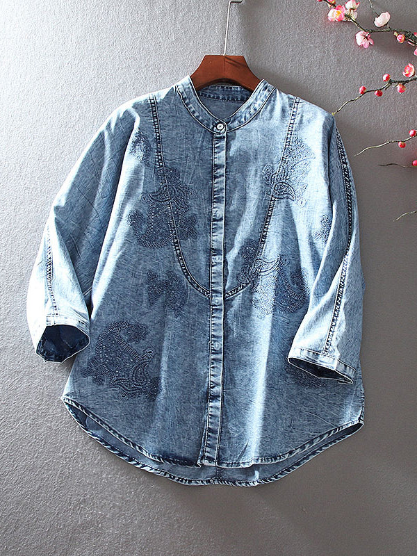 Vintage Oversized Embroidered Stand Collar 3/4 Sleeve Denim Shirt