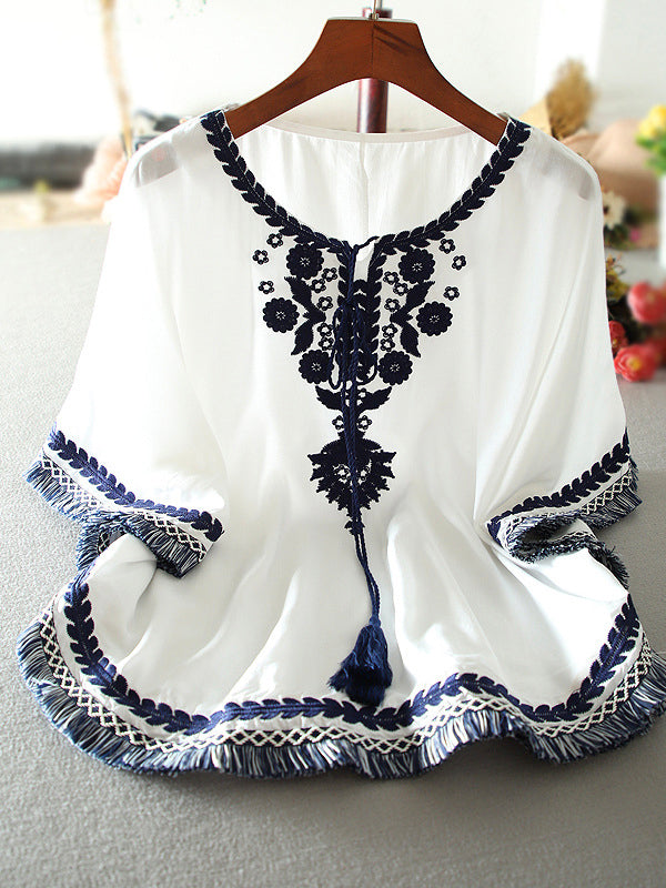 Fashion Loose Plus Size Cape Cape Embroidered Shirt Top