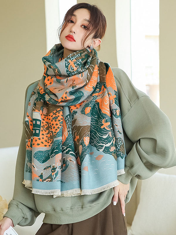 Vintage Printed Tasseled Shawl&Scarf