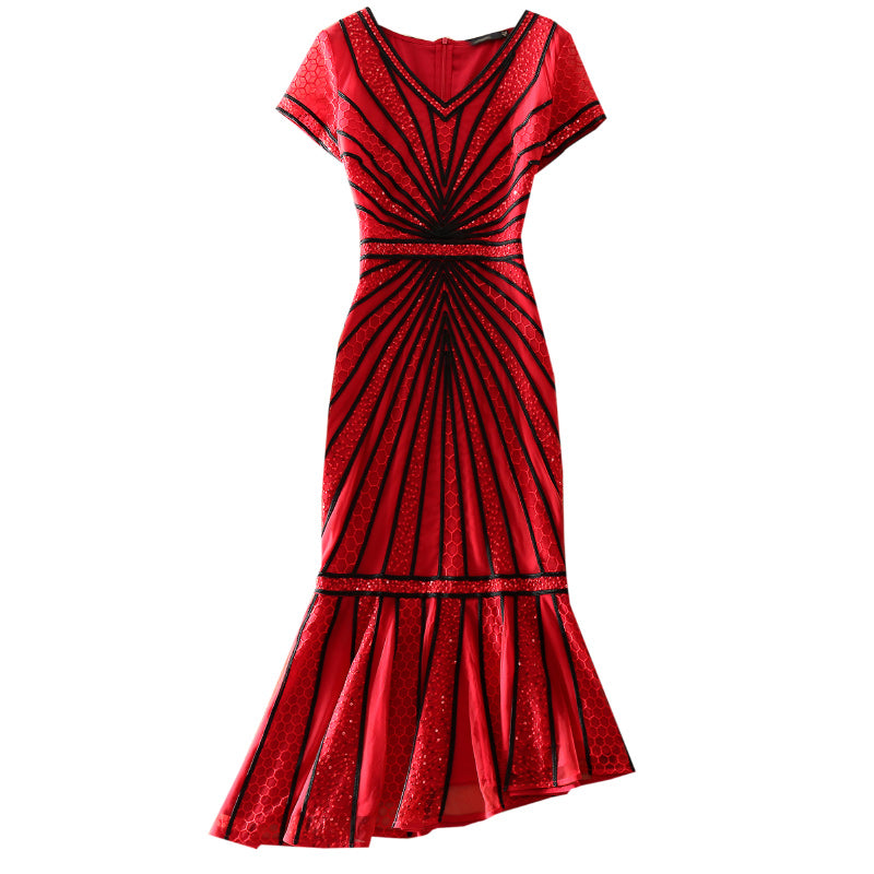 Red Plus Size High Quality Short Sleeve Mesh Embroidery Dress