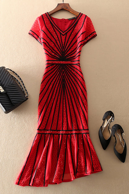 Red Plus Size High Quality Short Sleeve Mesh Embroidery Dress