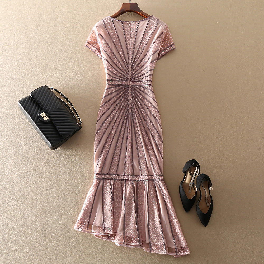 Pink Plus Size High Quality Short Sleeve Mesh Embroidery Dress