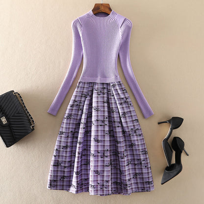 Fashion Purple Long Sleeve Knit Panel Butterfly Sweater Dress