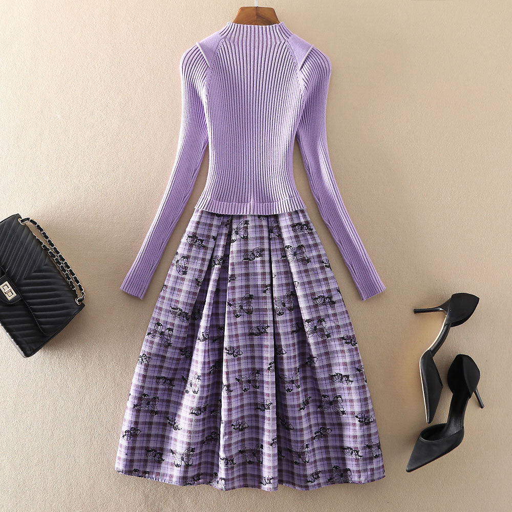 Fashion Purple Long Sleeve Knit Panel Butterfly Sweater Dress