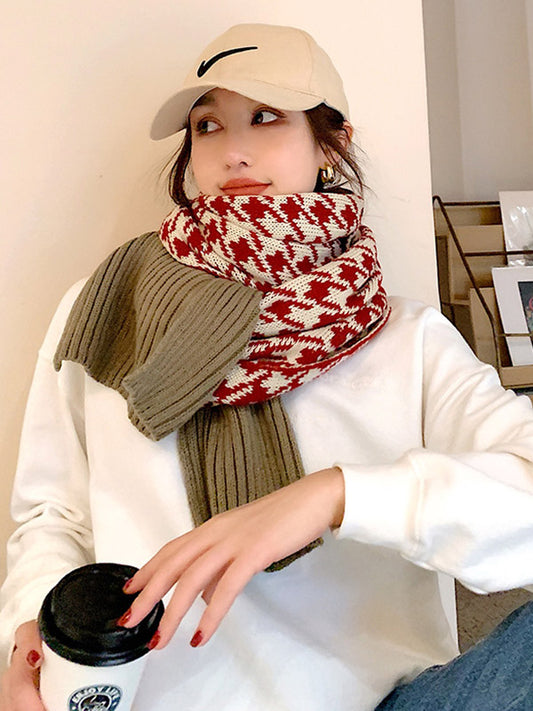 Contrast Color Houndstooth Split-Joint Knitting Scarf Shawl