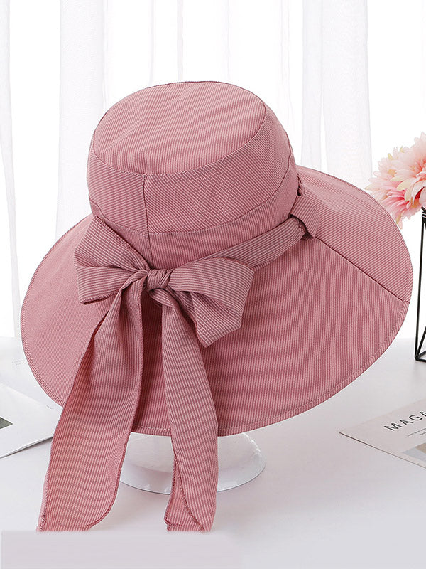 Original Bow-Embellished Sun-Protection Large Wide Brim Bucket Hat