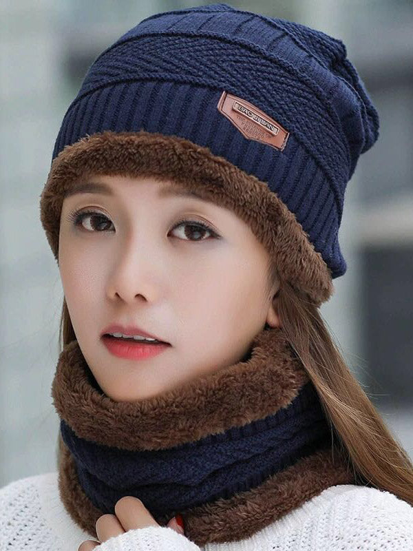 Simple Knitting Contrast Color Scarf&Hat Two Pieces Set