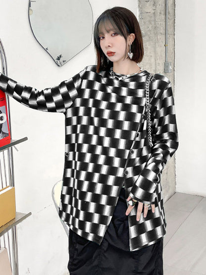 Casual Loose Gradient Plaid Long Sleeves T-Shirt Top