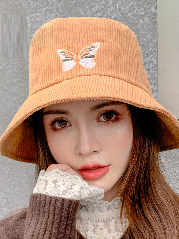 Corduroy Butterfly Embroidery Sun Protection Fisherman Hat