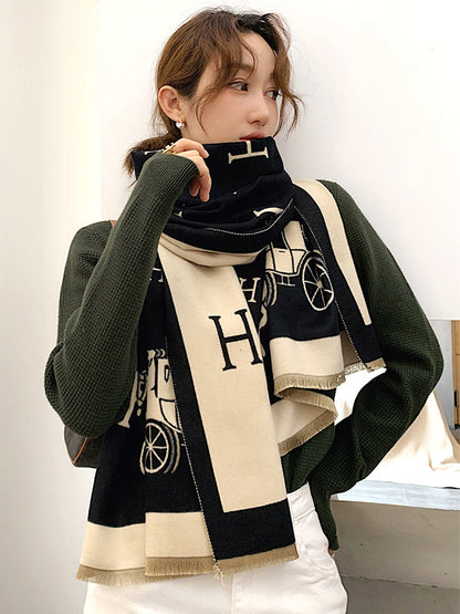 Printed Contrast Color Imitation Cashmere Shawl Scarf