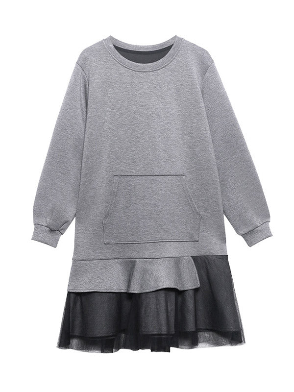 Black&Gray Long Sleeve Sweatshirt Splicing Ruffle Dress