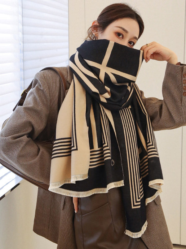 Vintage Keep Warm Striped Tasseled Shawl&Scarf