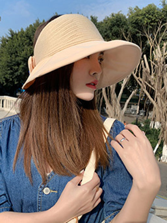 Stylish Solid Color Split-Joint Bow-Embellished Sun-Protection Large Wide Brim Knitted Hat