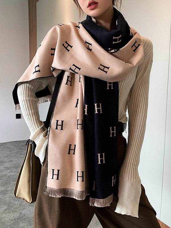 H Print Contrast Color Imitation Cashmere Shawl Scarf