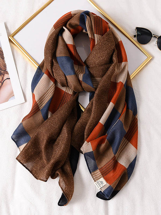 Plaid Contrast Color Warm Sun-Proof Silk Scarf