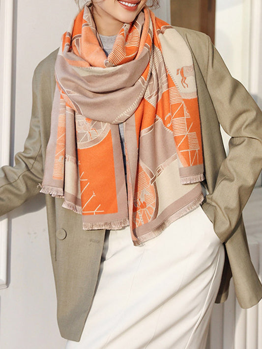 Original Vintage Warm Contrast Color Cartoon Printed Shawl&Scarf