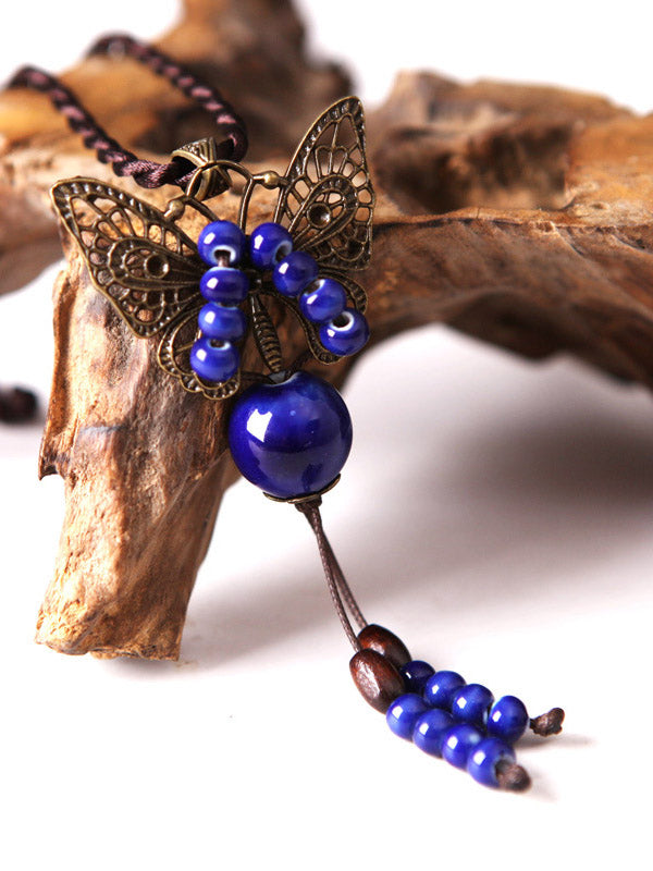 Vintage Handmade Ceramic Beads Alloy Butterfly Necklace