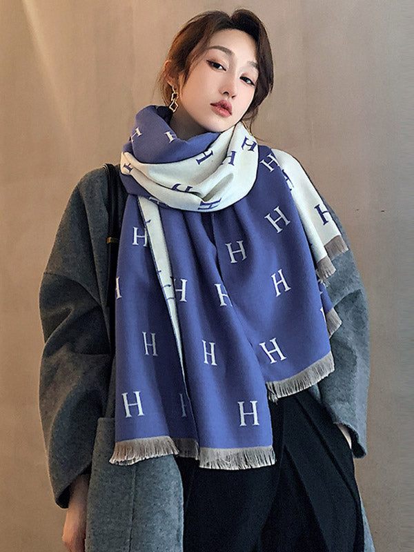 H Print Contrast Color Imitation Cashmere Shawl Scarf