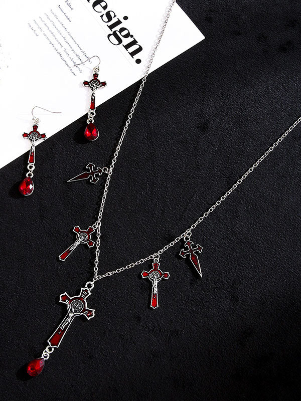 Halloween Stylish Alloy Bat Cross Pearl Chain Necklace&Earrings