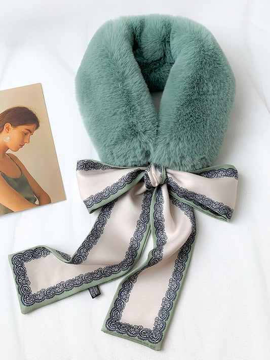 Warm Bow-Embellished Printed Green Faux Fur Scarf Shawl