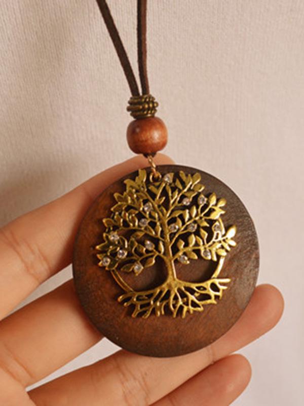 Vintage Bright Drilling Big Tree Wood Necklace