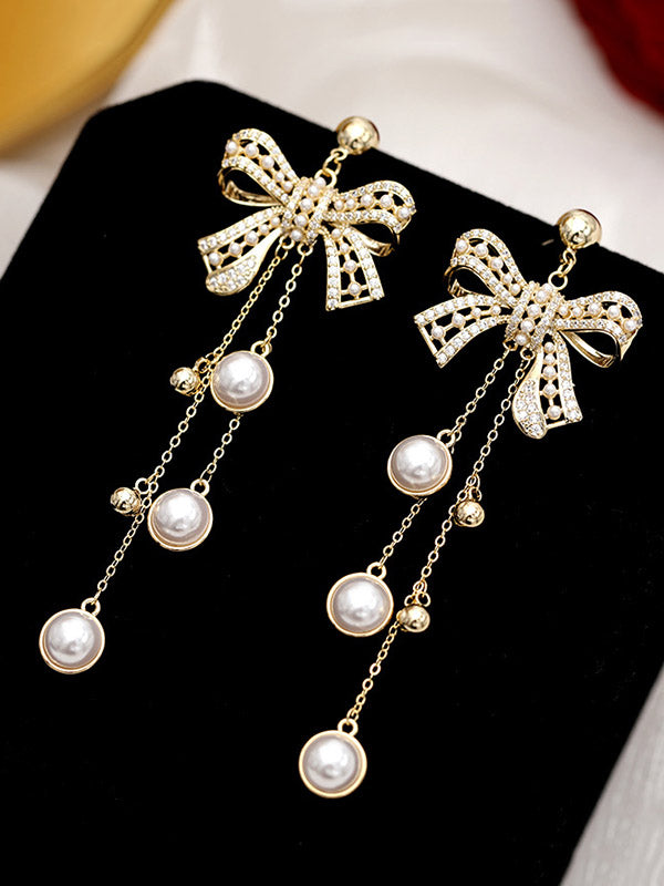 Stylish Bow-Embellished Pearl Tassel Eardrop