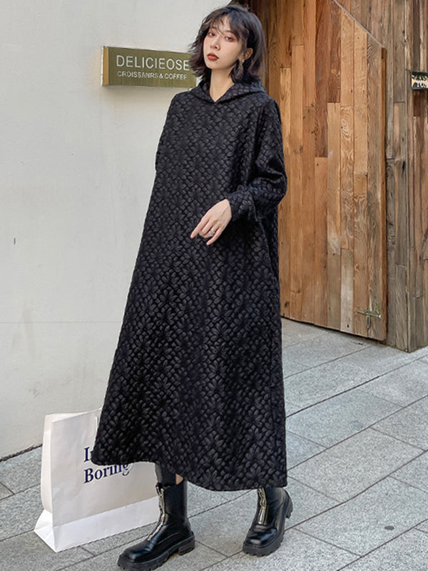 Urban Solid Color Floral Jacquard Hooded Long Sleeves Midi Dress