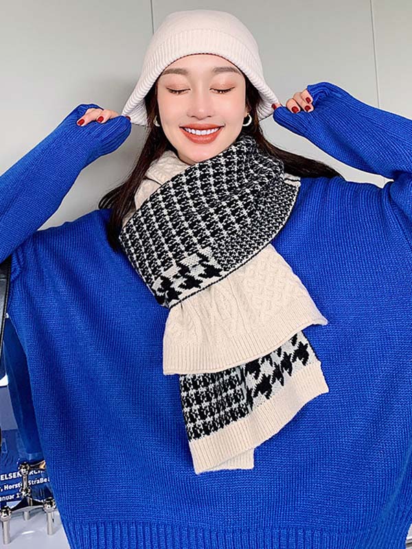 Original Houndstooth Contrast Color Knitting Shawl Scarf