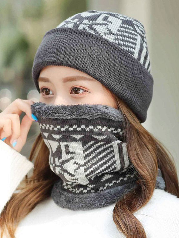 Fashion Knitting Jacquard Keep Warm Scarf&Hat Two Pieces Set