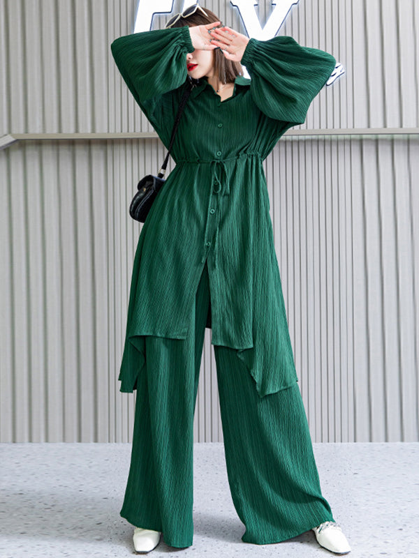 Original Solid Color Asymmetric Drawstring Blouse& Wide Leg Pants Two Pieces Set