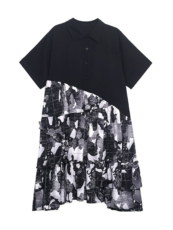 Asymmetric Printed Split-Joint Loose Shirt Dress