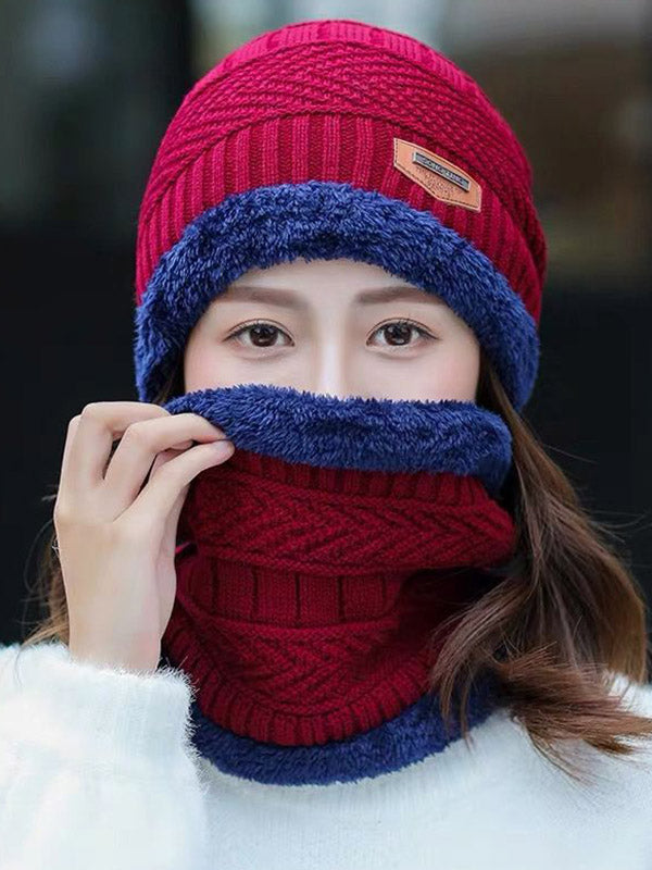 Simple Knitting Contrast Color Scarf&Hat Two Pieces Set