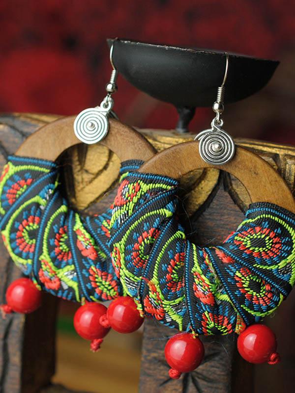 Vintage Wood Cloth Embroidered Earrings